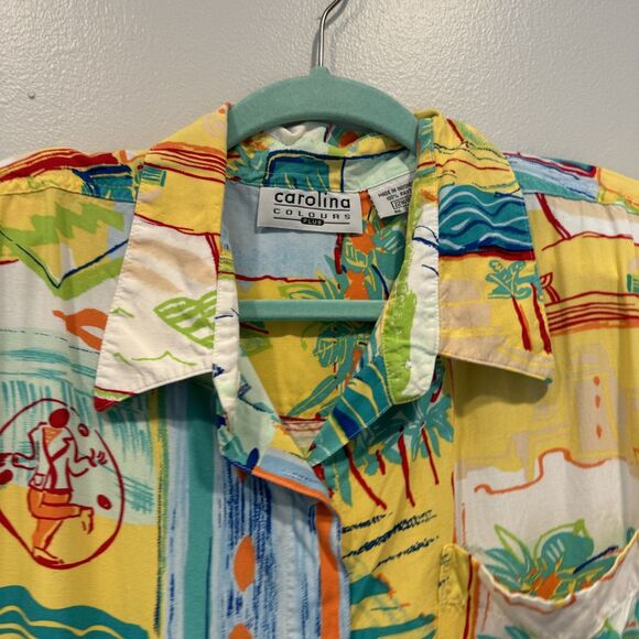 Vintage Button Down Tropical Shirt Patchwork Yellow Rayon Beach Women sz 22W - Picture 4 of 9